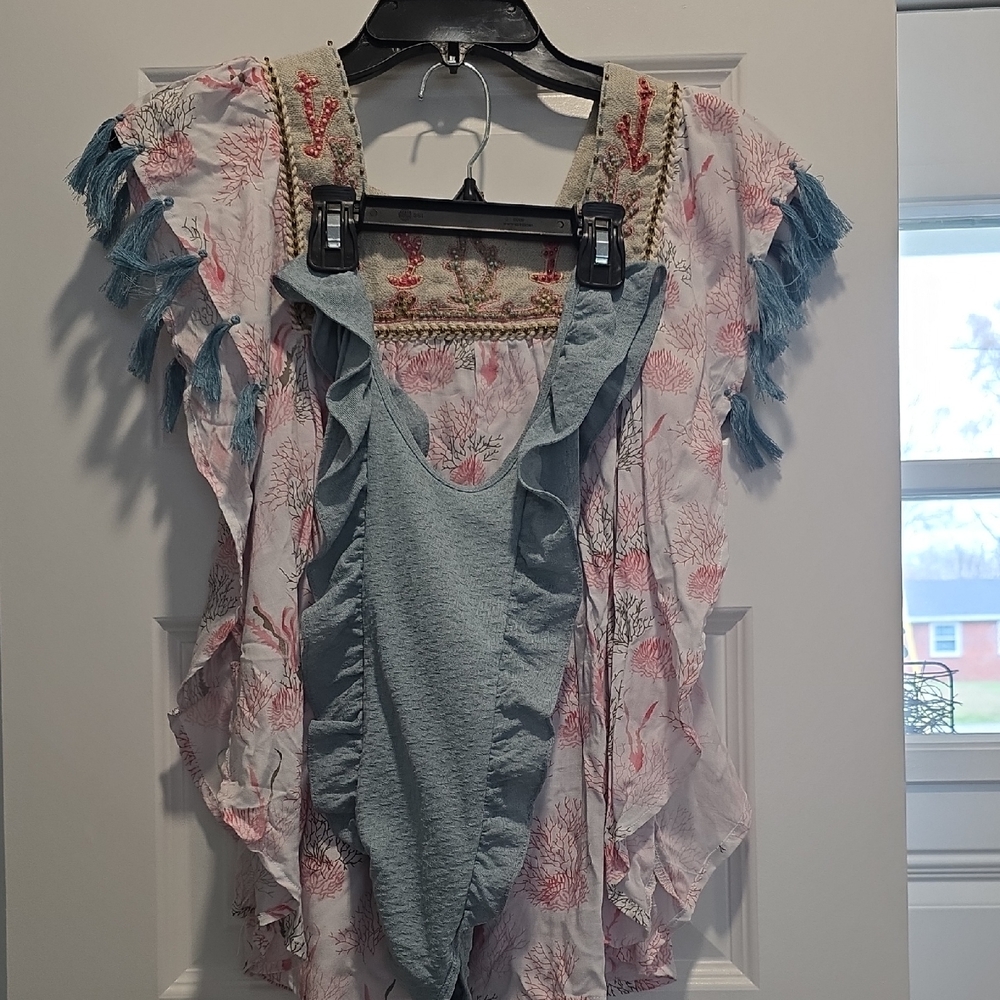 Light Blue Ruffle Kids Swim Camisole with Pink Coral-Print Cover-Up